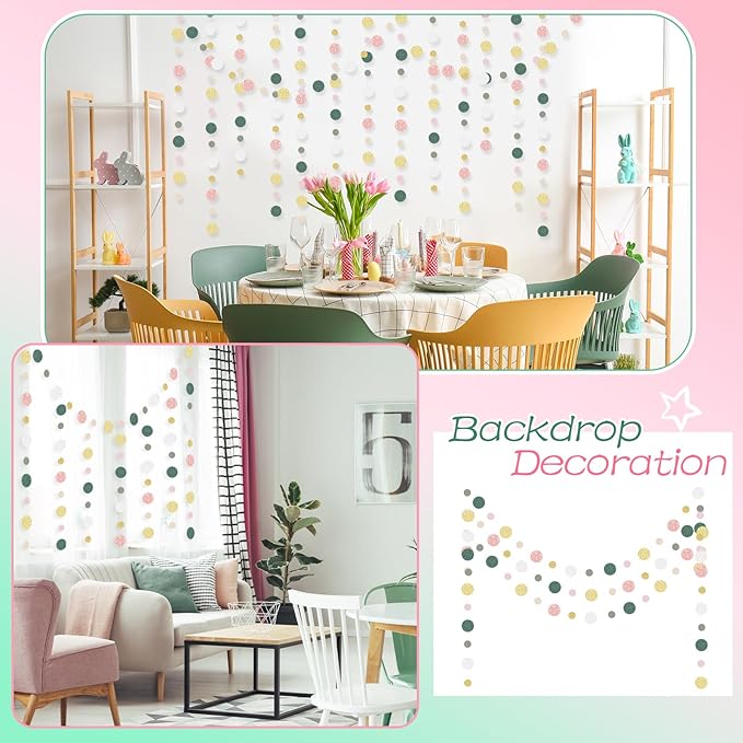 Outus 5 Pieces Colorful Circle Garland Banner Hanging Paper Dot Decorations for Classroom, Birthday Party, Baby Shower, Wedding Backdrop & Photo Booth Graduation Decor (Sage Green,Pink,Gold)