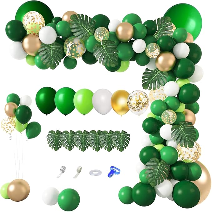 Amandir 163Pcs Jungle Party Balloons Garland Arch Kit, Gold Green Balloons Dinosaur Party Decoration with Palm Leaves for Safari Animal Wild One Birthday Baby Shower St Patricks Day Party Supplies