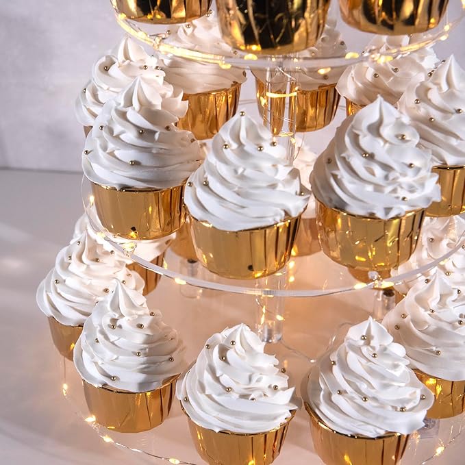 Cupcake Stand, 4-Tier Round Cupcake Holder with LED light String, Acrylic Cupcake Tower Display-Dessert Tower-Pastry Stand-Cupcake Tier Stand for Wedding, Birthday party ( Yellow Light)