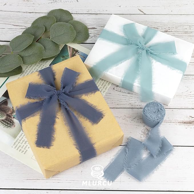 Dusty Blue Chiffon Ribbon 1 Inch x 21Yds Handmade Fringe Chiffon Silk Ribbon Dusty Blue/Slate Blue/Dark Blue Frayed Chiffon Ribbon for Wedding Invitation Flower Bouquets Bridal Shower Gift Wrapping