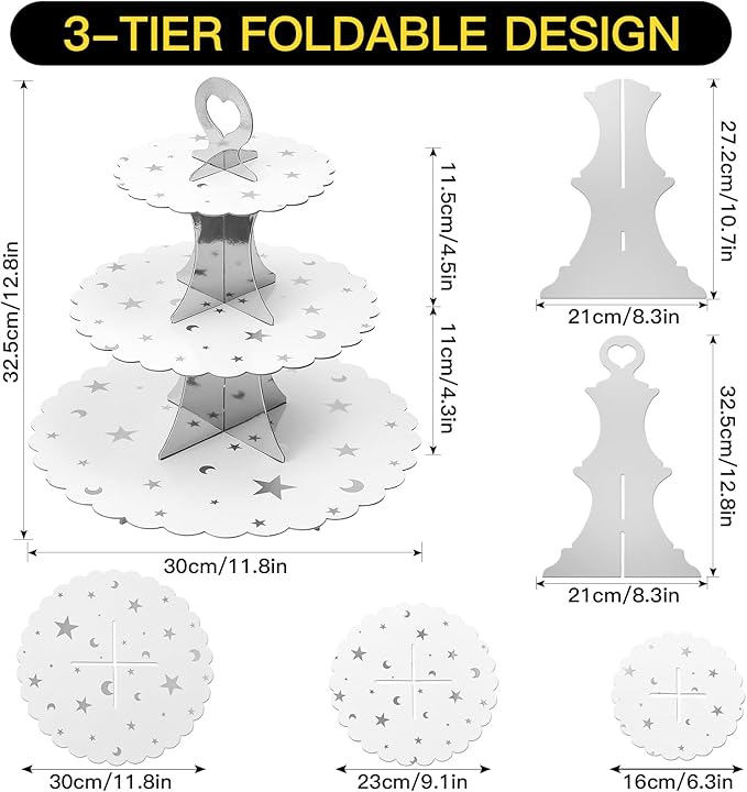 Soleebee 3-Tier Cupcake Stand, Cardboard Cupcake Tower, Dessert Cup Cake Stand Tower for Birthday Wedding Party Decoration, Cupcake Tier Stand 2 Set (Silver Moon and Star)