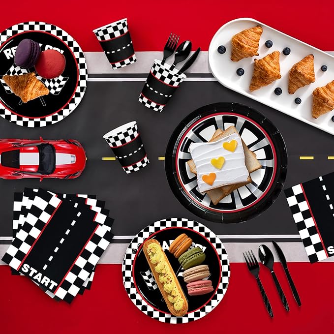 175 Pcs Race Car Birthday Party Decorations Racing Checkered Set Includes Plates, Napkins, Cups, Cutlery for Race Car Theme Birthday Decorations Serves 25