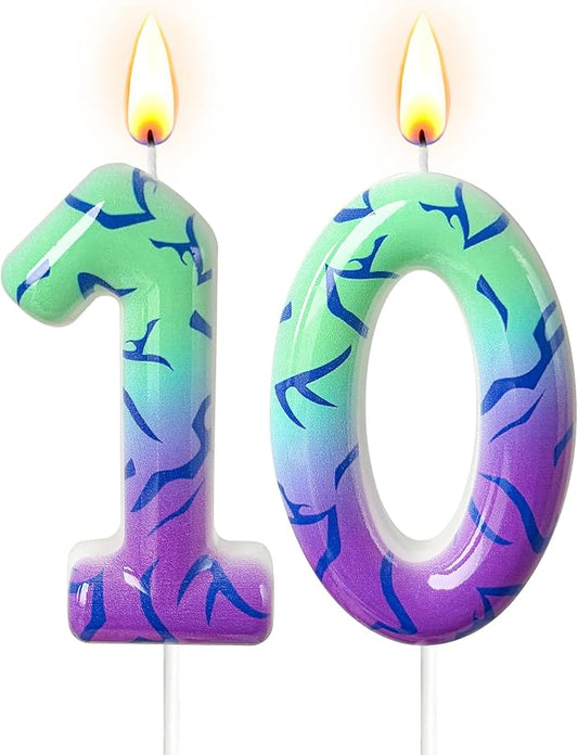 Number 10 Birthday Candle for Cake – Purple Green Gradient Number Candle with Mystic Rune Pattern, Decorative Cake Topper for Anniversary & Celebration
