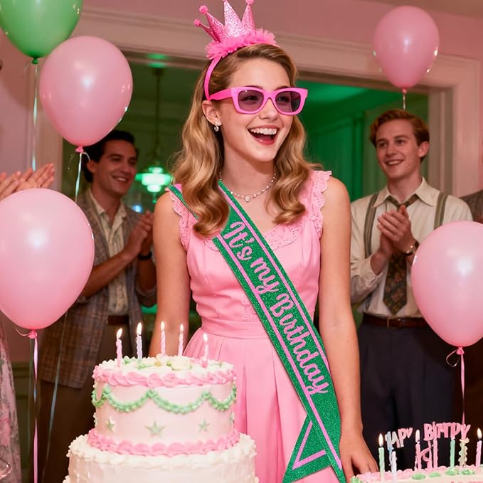 Pink Green Birthday Sash for Girls, Witch Themed Sash with Glitter Foil for Girl Happy Funny Accessories for Women Party Favors Supplies
