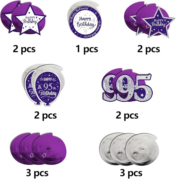 Happy 95th Birthday Purple & Silver Glitter Swirls Streamers Party Decorations - 15 Pcs 95th Birthday Hanging Swirls Streamers Kit,Perfect for 95th Bday Party Sign.