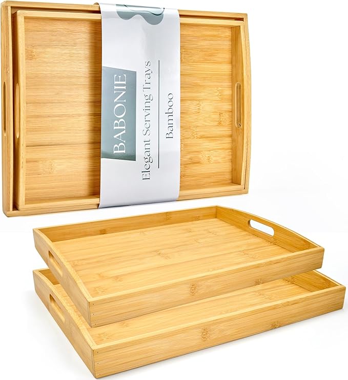Bamboo Serving Tray with Handles Set of 2 - Decorative Wooden Trays for Eating, Working, and Storing, Suitable for Use in Bedroom, Living Room, Kitchen, Bathroom, Outdoor Scenarios and More