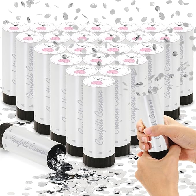 Confetti Cannon 24 Pack Small Silver Confetti Poppers ideal for Weddings, Birthdays, Graduations, Baby Showers, New Year's Eve Parties Fun Party Decorations