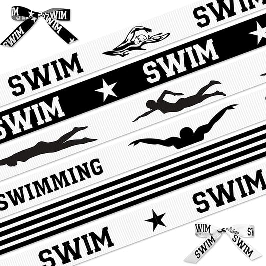 6 Rolls 3/8'' Swim Ribbons Swimming Team Ribbon for Wreath Bows DIY Crafts White Black Grosgrain Ribbons for Wrapping Swimming Team Birthday Party Home Decoration 18 Yards