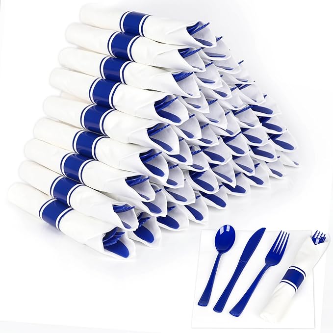 50 Pack Pre Rolled Blue Plastic Silverware Set,Wrapped Plastic Cutlery Set with Napkin Include 50 Forks,50 Spoons,50 Knives and 50 White Napkins for Party,Wedding,Christmas