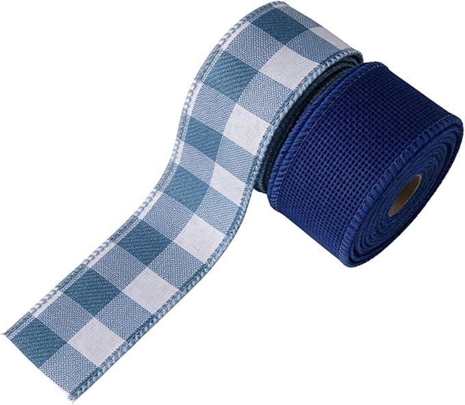 Meseey 1.5 Inch Burlap Wired Ribbon Set, 2 Rolls Total 10 Yards Solid Navy Blue & Blue White Buffalo Check Wired Edge Ribbon for Wreaths, Bows, Gift Wrapping, Farmhouse & Patriotic Decor