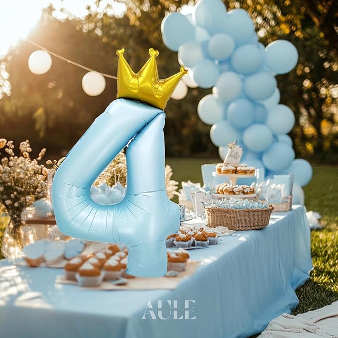 AULE 40 Inch Big Light Blue 4 Balloon Number with Crown Large Foil Helium Number Balloons 0-9 Jumbo Giant Happy 4th Birthday Party Decorations Huge Mylar Anniversary Party Supplies
