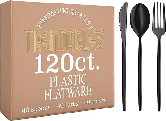 Trendables Black Plastic Forks and Spoons Disposable Silverware Set 120 Pack Plastic Utensils Set Includes 3 x 40 each Knives & Soup Spoons & Black Forks Disposable Cutlery For Parties and Events