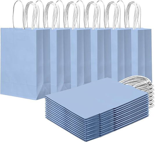 qiqee 24PCS Small Gift Bag with Handles Bulk 8.3"x6"x3" Gift Bags Light Blue Bags Multiple Uses (Small Size)