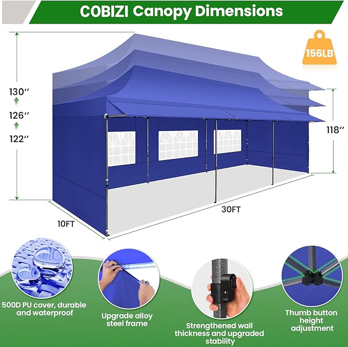 COBIZI 10X30 Pop Up Canopy Tent Heavy Duty with Sidewalls, Outdoor Commercial Canopy with Awning, Waterproof&69 SF Extended Awning, Vendor Tent for Market, Party Events, Dark Blue