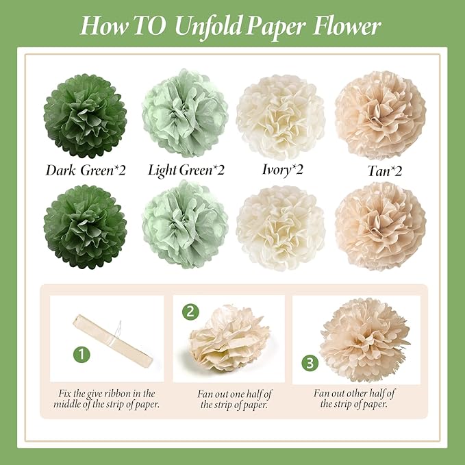 ELTNEGSA Sage Green Birthday Party Decorations with Banner, Tissue Tassels, Paper Pompoms, Balloons, Star Garland, Cake Topper