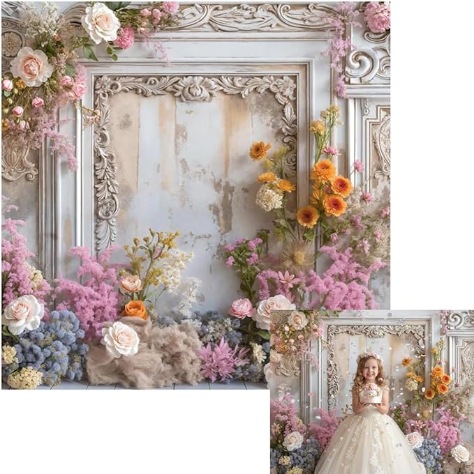 Kate 8x8ft Frame Style Retro Wall Wedding Portrait Photography Backdrops Colorful Fresh and Dried Flowers Romantic Sweetheart Birthday Photo Background