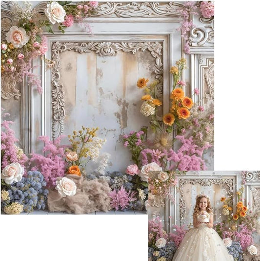 Kate 8x8ft Frame Style Retro Wall Wedding Portrait Photography Backdrops Colorful Fresh and Dried Flowers Romantic Sweetheart Birthday Photo Background
