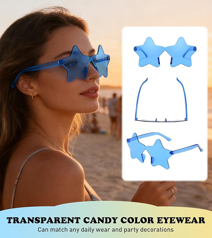 Matcheck 48 Pack Star Rimless Sunglasses Frameless Colored Party Glasses Transparent Fun Eyewear for Adult