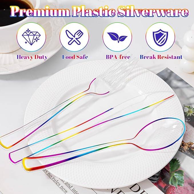 WDF 180 PCS Rainbow Plastic Silverware - Clear Colorful Cutlery Disposable Heavy Duty Include 60 Forks, 60 Knives and 60 Spoons - Colorful Disposable Utensils for Trolls Party/Birthday Party