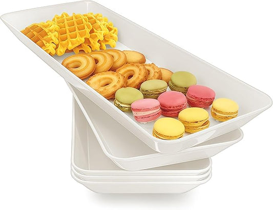 Serving Tray Platter Rectangle, 5 Pcs Long Narrow Food Tray for Veggie Fruit Snack Dessert, Plastic White Food Trays for Party Supplies Display, Rectangular Platters for Serving Food, BPA Free