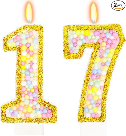 17th Birthday Candle for Cake, Colorful Macaron Numeral Candles for Boys/Girls, Birthday Party Cake Decorations, Golden Cake Topper for Birthday Party Supplies (Number 17)
