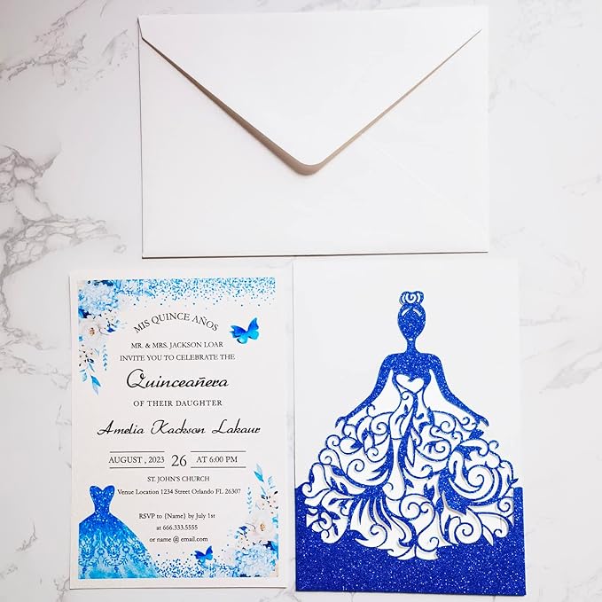 5 x7.3 Inch 20PCS Royal Blue Quinceanera Invitations Cards, Sweet 16 Laser Cut Girl Princess Invitation Card Kit with Envelopes for Wedding, Party, Quinceañera, XV Años, Mis Quince (Royal