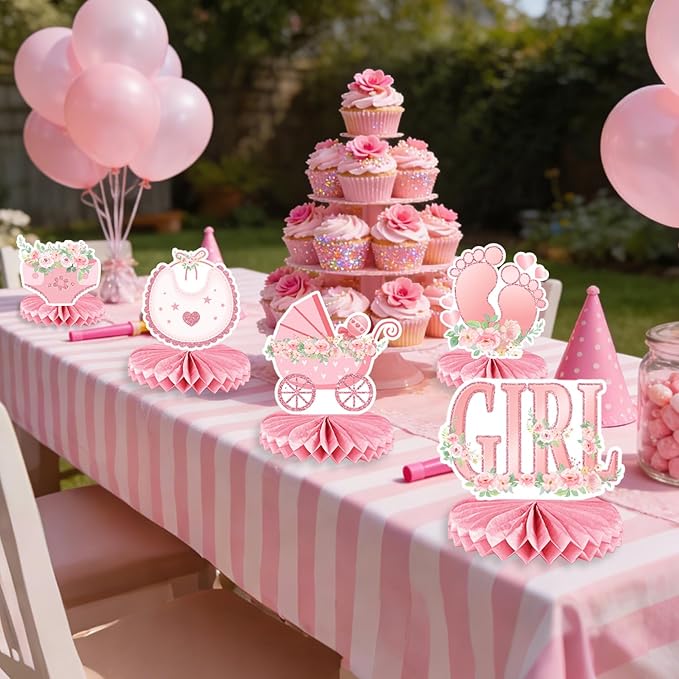 It's a Girl Baby Shower Decorations - 12 Pcs Pink Honeycomb Centerpieces for Tables, Pink Floral Baby Shower Table Decorations for Girl, Gender Reveal Party Supplies, Baby Shower Toppers