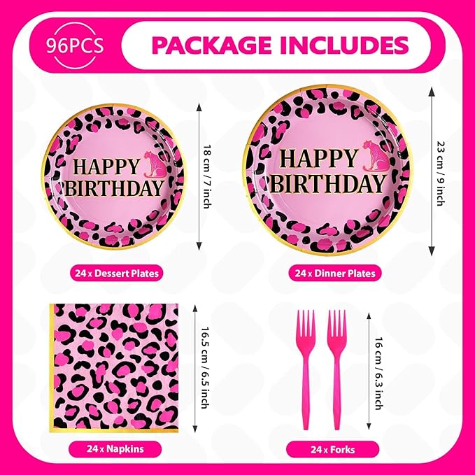 Grencian 96 Pcs Pink Leopard Birthday Party Supplies Cheetah Print Decorations Leopard Print Paper Plates Disposable Animal Jungle Safari Tableware Set for Girls Wild Birthday Cheetah Themed Party