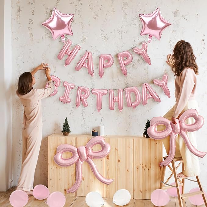 YTHETM Bow Party Decorations Pink Happy Birthday Balloons Banner Pink Birthday Decorations Bow Balloons for Women Girls Birthday Decor Party Supplies