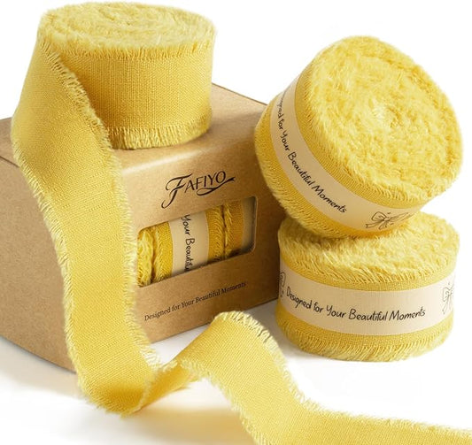 Yellow Cotton Ribbon 1 Inch Mustard Yellow 3 Rolls 21 Yards Frayed Edge Fabric Set for Wedding Decor, Bridal Bouquet Wrap, Baby Shower, Gift Wrapping & Fall Decor