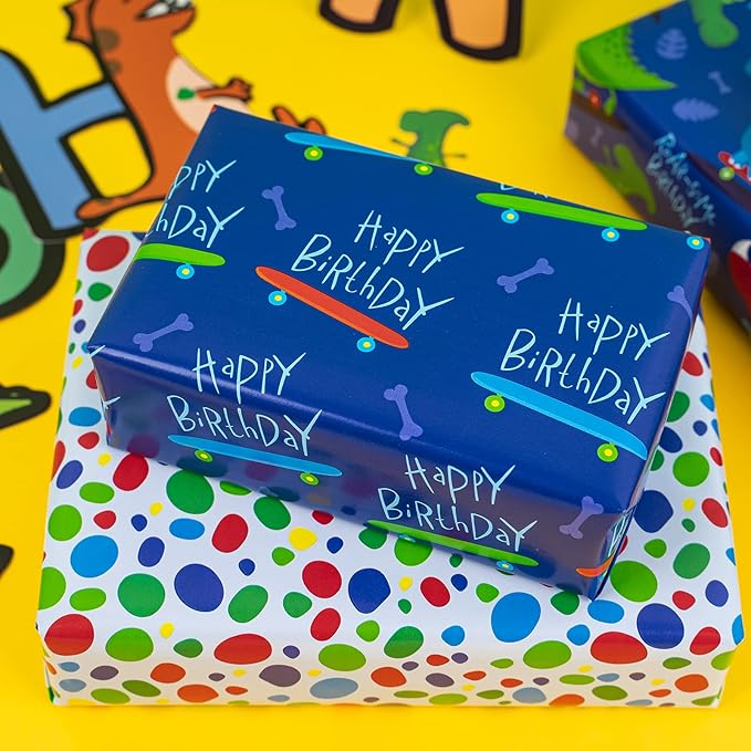 WRAPAHOLIC Dinosaur Wrapping Paper Roll - Mini Roll - 3 Rolls - 17 Inch X 120 Inch Per Roll - Happy Birthday Dinosaurs Design for Kids Birthday, Baby Shower