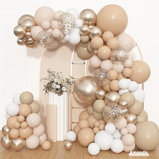 Amandir 153pcs White Sand Balloon Arch Garland Kit, Different Sizes 18 12 10 5 inch Beige Nude Neutral Metallic Champagne Gold Confetti Balloons for Boho Bridal Baby Shower Birthday Party Decorations