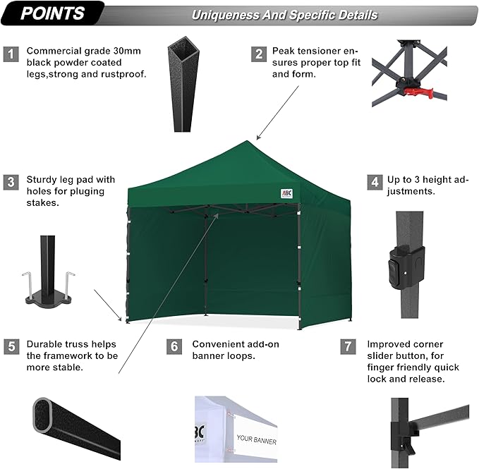 ABCCANOPY Heavy Duty Easy Pop up Canopy Tent with Sidewalls 10x10, Forest Green