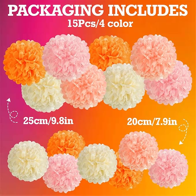15Pcs Tissue Pom Poms Pink Orange Paper Flowers Hanging Decorations Orange Pink Flower Ball for Baby Shower Wedding Nursery Birthday Party Backdrop Home Outdoor