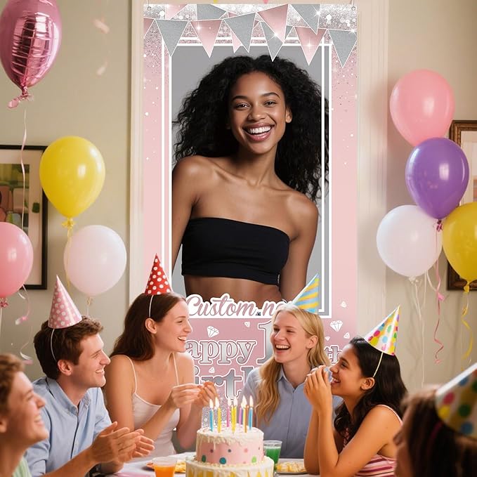 Personalized Happy Birthday Door Banner with Photo Custom Name Birthday Decorations Party Supplies for Women Men (Rose Pink)