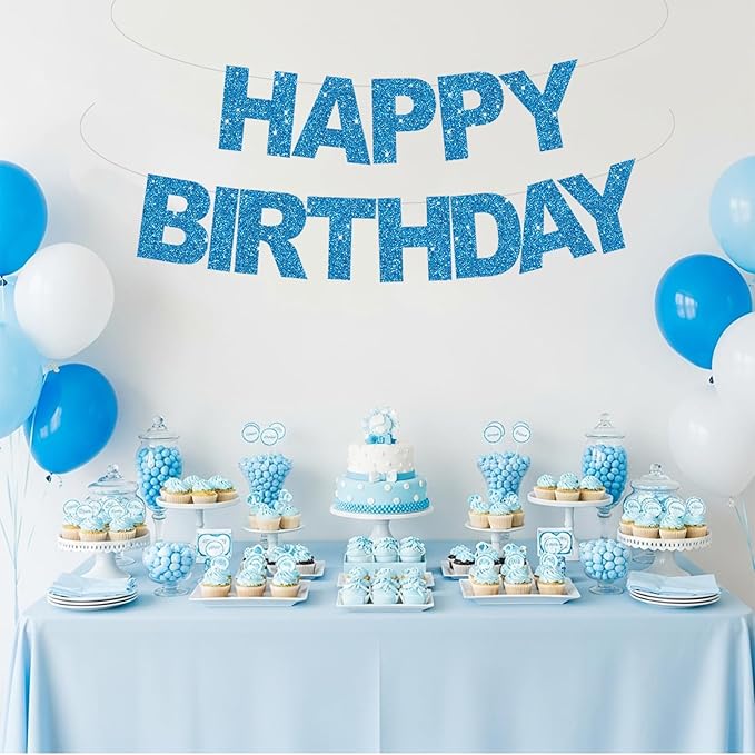 BEISHIDA Happy Birthday Banner - Pre-Strung No DIY Birthday Decorations - Happy Birthday Sign - Birthday Banner for Women, Kids - Backdrop Sky Blue