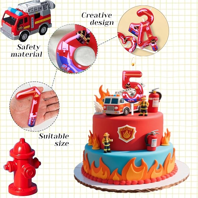 Number 11 Candle, Firetruck Fireman Cake Decoration, 11th Birthday Candle Birthday Party Supplies Firefighter Themed Cake Topper Decorations for Kids Boy Girl Party Decor (red, Number 11)
