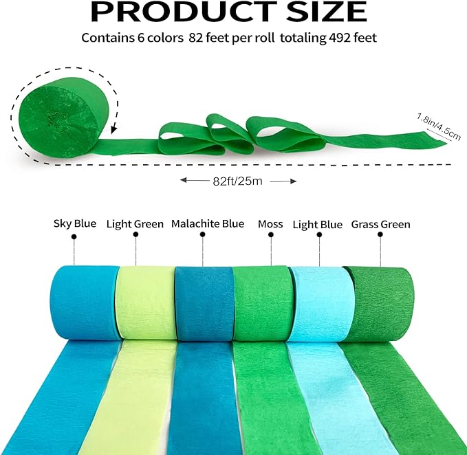 Crepe Paper Streamers 6 Rolls 492ft，Green and Blue Party Decorations Streamers (1.8 Inch x 82 Ft/Roll)，for Birthday Decorations, Wedding Decorations Ocean Themed Party Decoration