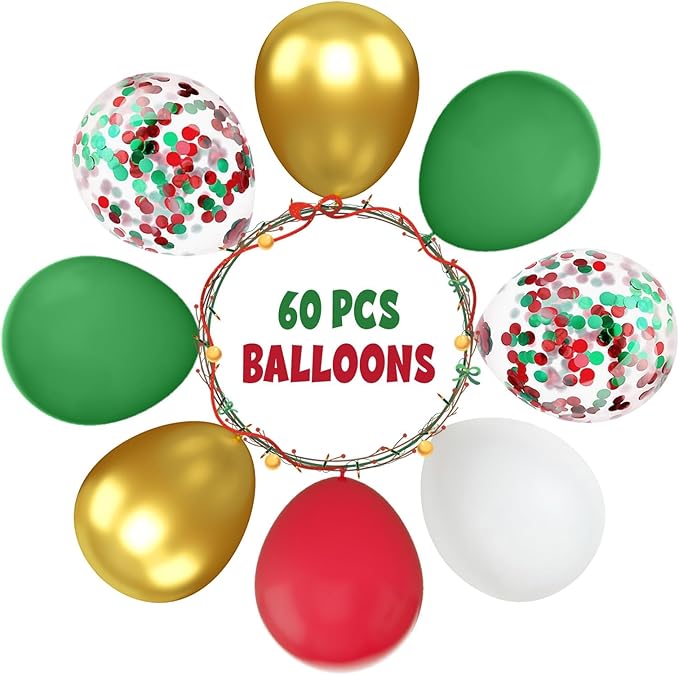 FunHot Christmas Balloons, 60 Pcs Red Green Gold Balloons, 12 Inch Red Green Confetti Balloons Metallic Gold Helium Balloons White Latex Balloons for Happy New Year Merry Christmas Party Decorations
