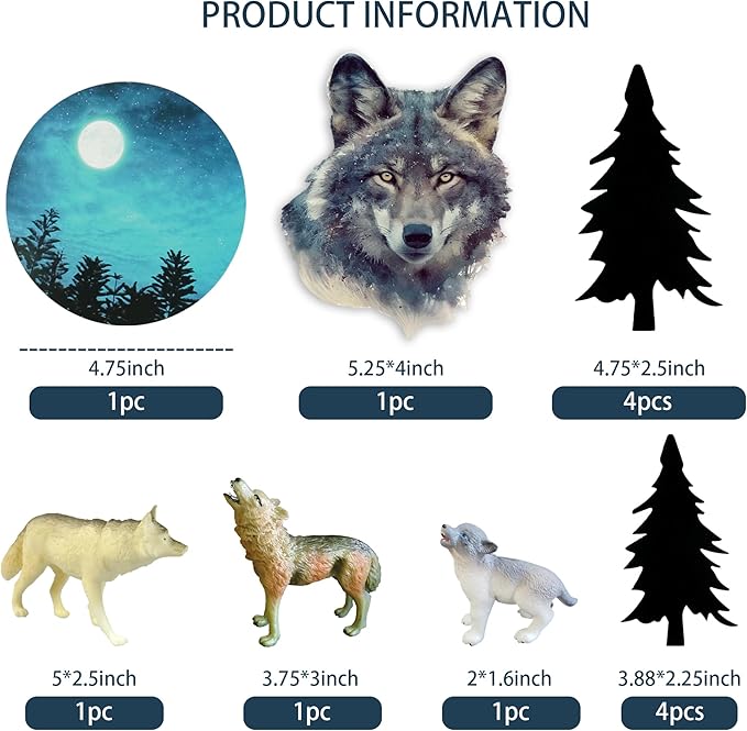 13 PCS Wolf Cake Topper Full Moon Cake Decor with Animal Figurine Wolf Themed Wedding Birthday Cake Decorations (Gray)