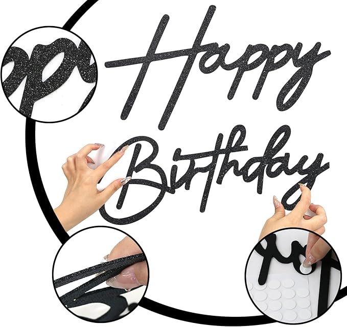 Happy Birthday Sign for Backdrop - Glitter Happy Birthday Felt Letter Sign for Balloon Arch Birthday Party Balloon Arch Backdrop Decorations for Birthday Party Baby Shower - Glitter Black