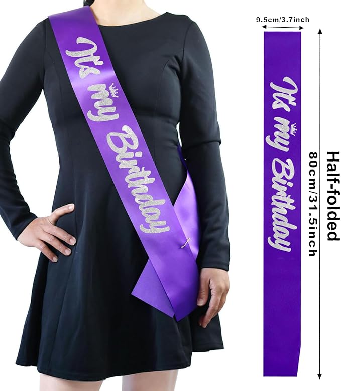 It's My Birthday Sash Purple with Glitter Silver Letters Happy Birthday Sash for Women Girl Bday Gift Ideas Party Favors