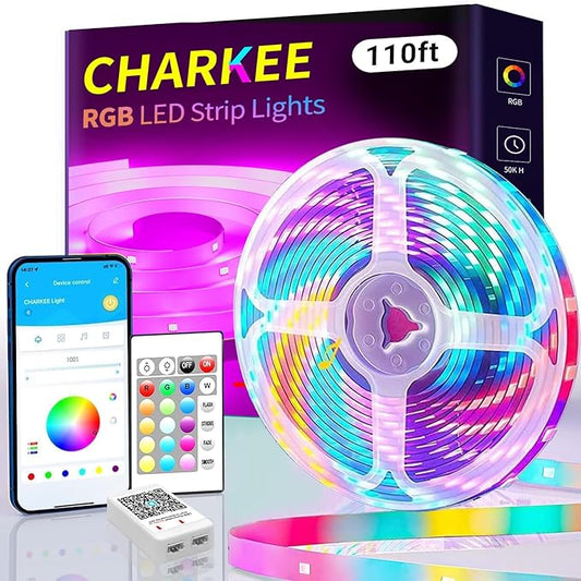 CHARKEE 110FT LED Strip Lights for Bedroom, RGB Color Changing Lights with Music Sync, Bluetooth App & Remote Control, 24V LED Light Strip for Room, Kitchen, Party & Home Decor (1 Roll)