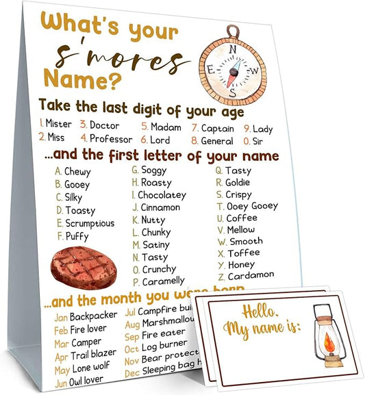 Camp Birthday Party Decoration,Fun Camp Activities for Kids,S'Mores Party Game,Birthday Games for Kids Party,Camping Birthday Party Activity,Camp Themed Party Decoration,What's Your S'Mores Name Game