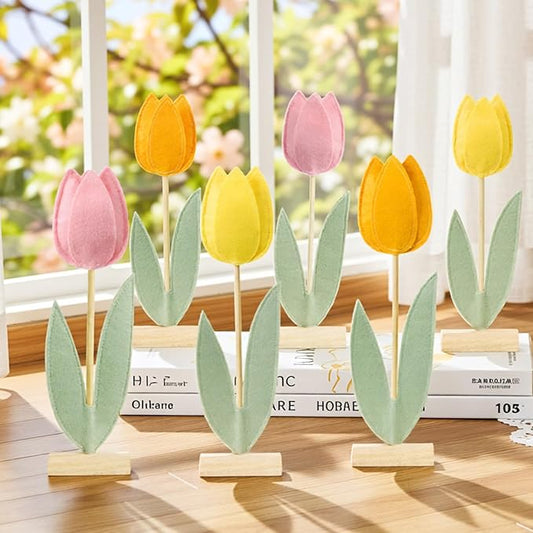 SUNBEAUTY 6Pcs Spring Tulips Flower Table Decoration Tulip Felt Centerpiece Pink Yellow Orange Tulips Mothers Day Table Decorations Tabletop Signs for Easter Garden Home Party Mothers Day Decor