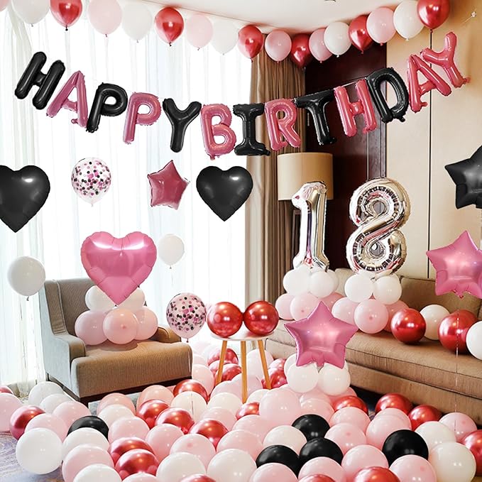 CANREVEL Happy Birthday Balloons Banner 16 Inch Mylar Foil Letters with Star & Heart Balloons Birthday Party Decorations for Men and Women - 30 Pcs Black Pink