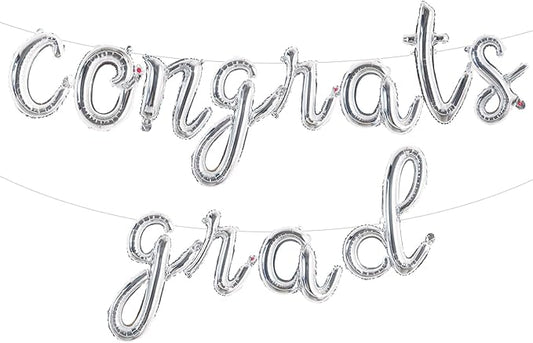 TONIFUL 2026 Congrats Grad Balloons - 16 Inch Cursive Silver Congrats Foil Balloons Banner Reusable Material for Graduation Party Graduate Congratulations 2026 Congrats Grad Decorations