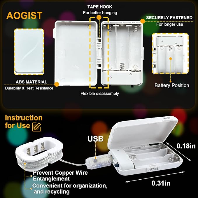 Aogist 50LED Fairy Lights 16ft Dual PowerFlexible Copper Wire Waterproof String Lights for Outdoor Christmas Wedding Bedroom Party Decor (Multicolor, 2 Pack-USB)