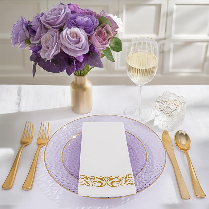 Rubtlamp 175 Pcs Purple Plastic Dinnerware Set (25 Guests), Clear Purple Plates With Gold Rim, Hammered Party Platos, Plates And Cups And Napkins Sets for Wedding, Party