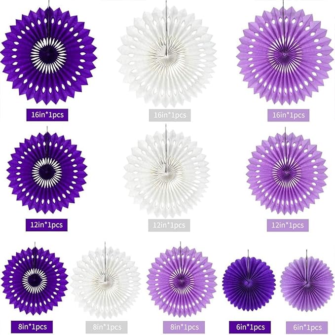 Purple White Hanging Honeycomb Round Paper Fans Halloween Decoration Kit for Baby Boy Shower Birthday Wedding Under The Purple Theme Photo Booth Backdrops Paper Party Supplies 11 Count